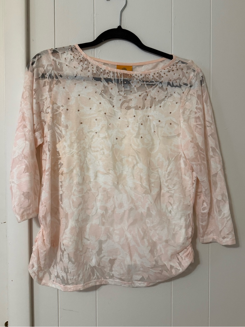 Ruby Rd. Petite Light Pink Floral Jacquard Long Sleeve Top with Stud Accents